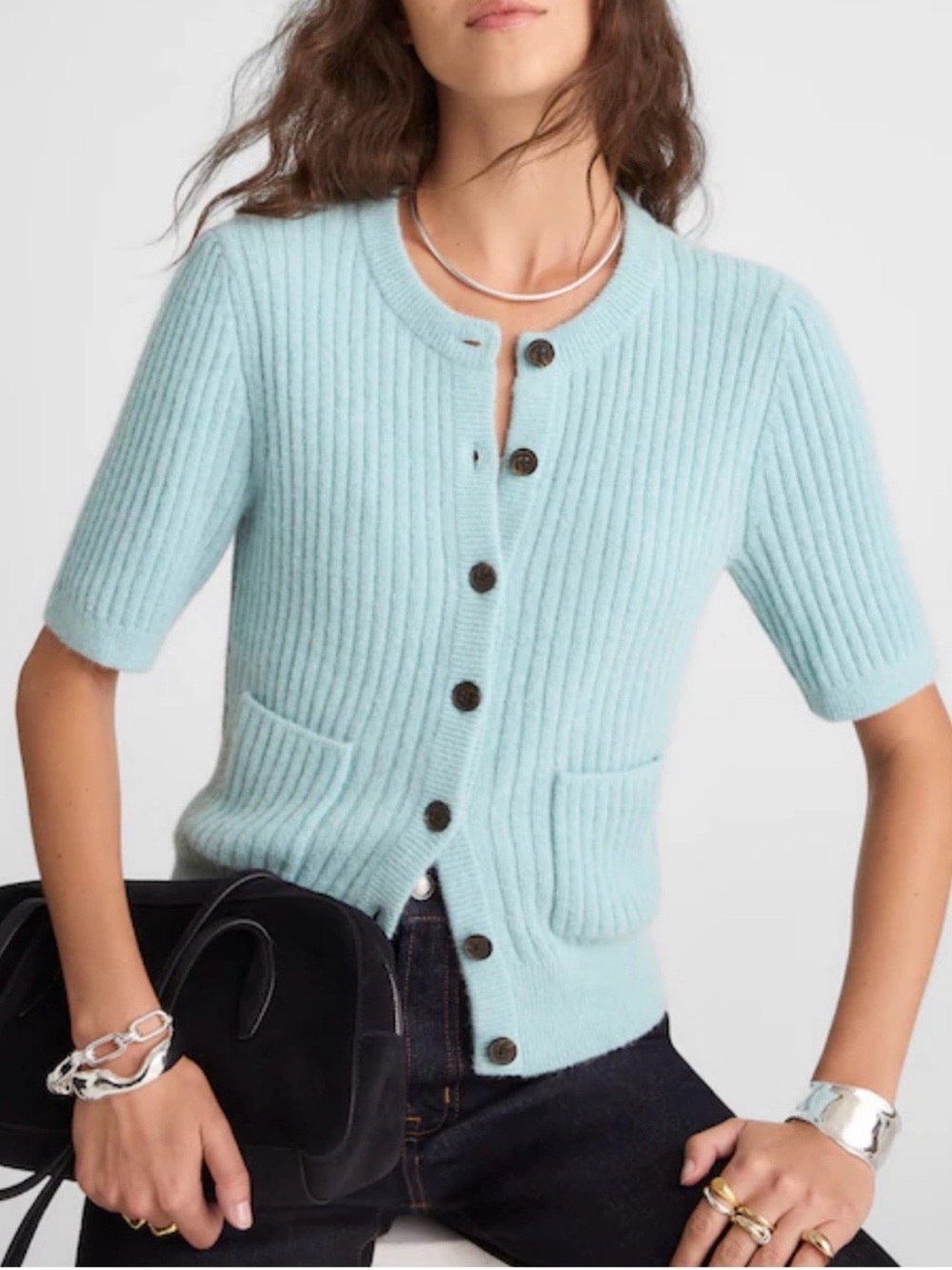 Madewell Blue Ribbed Short-Sleeve Button Cardigan
